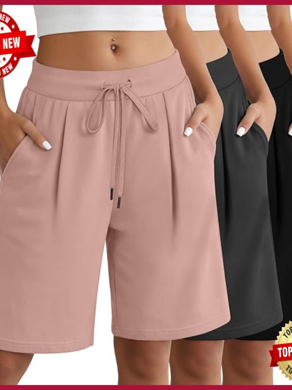 3 Pack Women's Bermuda Shorts Drawstring Elastic Waist Athletic Yoga Shorts